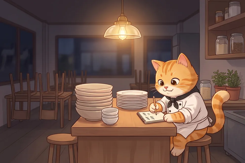 แมวเชฟนั่งบนสตูลใต้โคมไฟตอนปิดร้าน ขีดนับลงสมุดเล่มเล็ก ข้าง ๆ มีจานชามล้างแล้ววางซ้อนเป็นกองสูงต่างกัน ด้านหลังเก้าอี้ถูกคว่ำขึ้นบนโต๊ะ