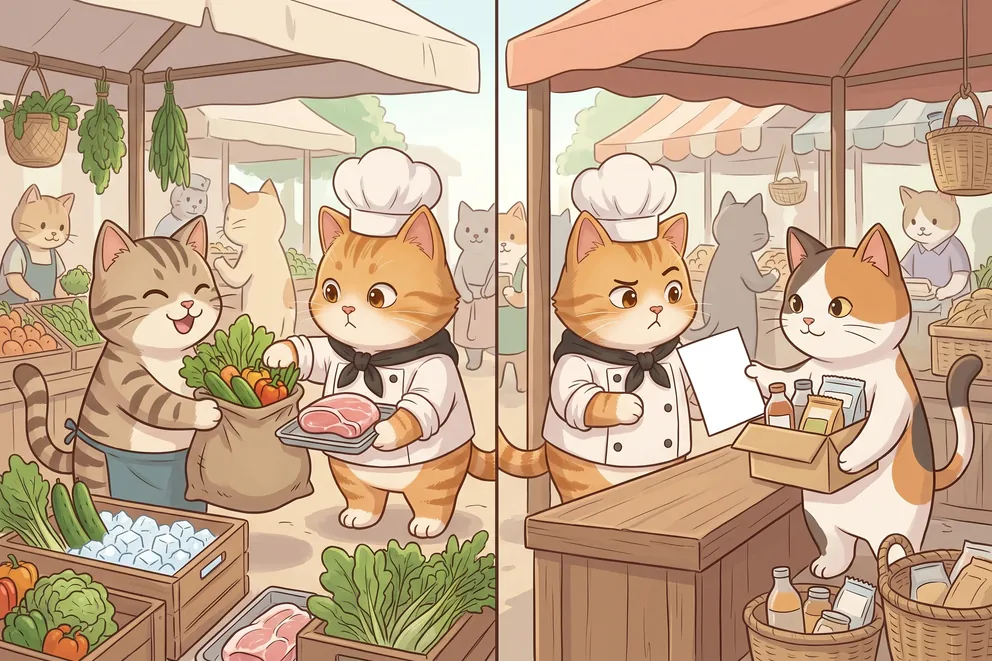 ตลาดสดแบ่งเป็นสองแผง แผงซ้ายแม่ค้าแมวส่งถุงผักกับถาดหมูให้แมวเชฟโดยไม่มีเอกสารสักแผ่น แผงขวาผู้ค้าส่งกล่องของแปรรูปพร้อมยื่นกระดาษเปล่าหนึ่งแผ่นให้